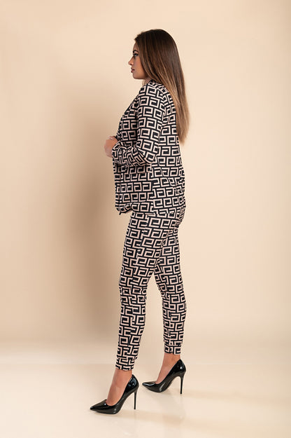 Completo pantalone con blazer elegante con stampa geometrica Nunzia, beige
