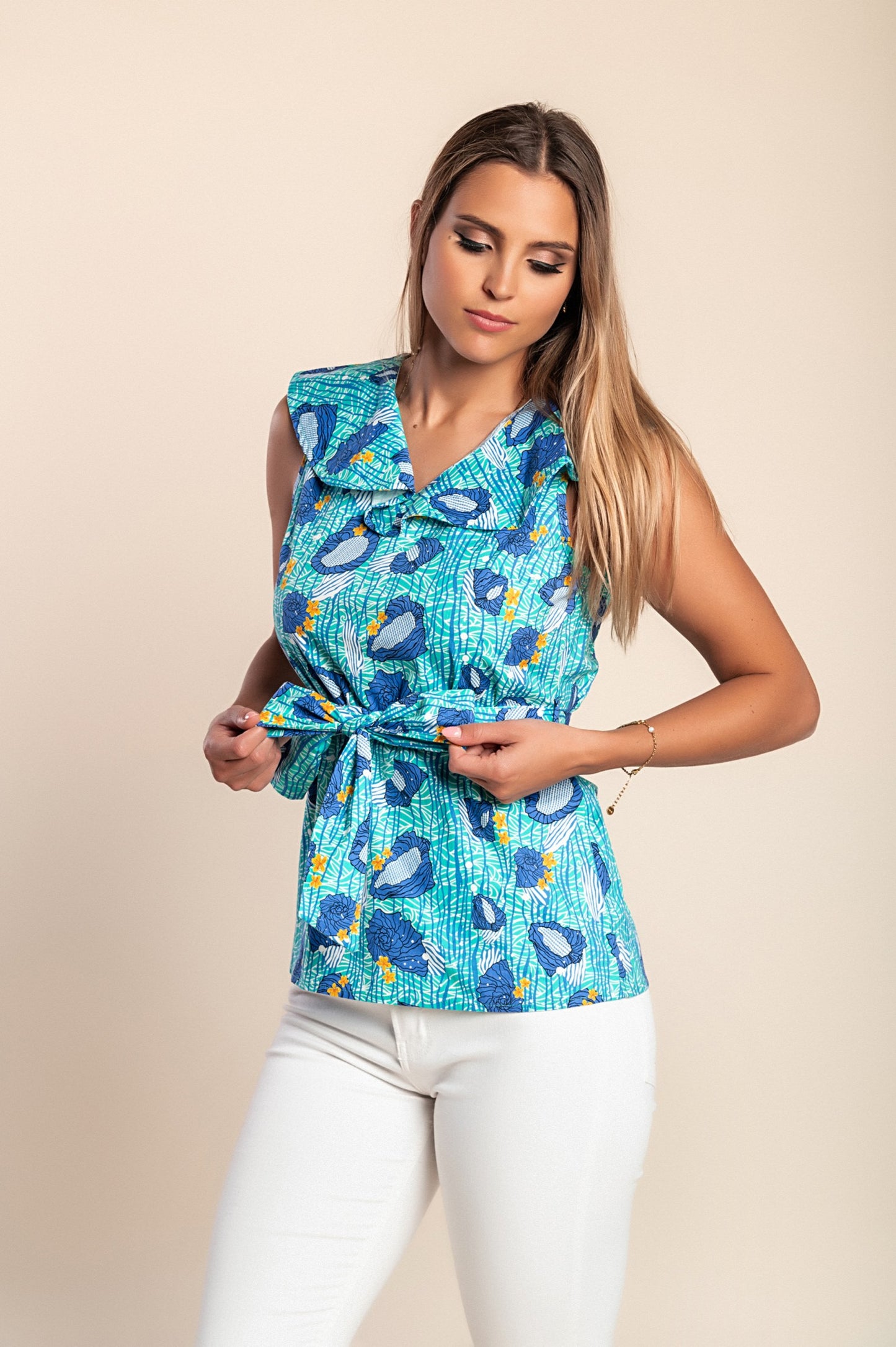 Top stampato, azzurro