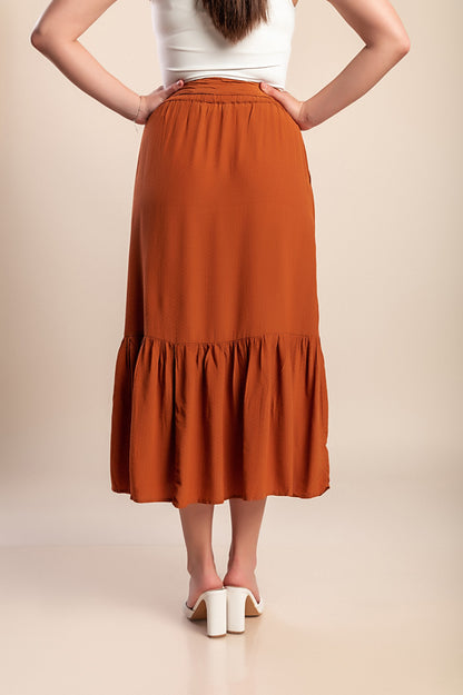 Gonna midi con cintura, marrone