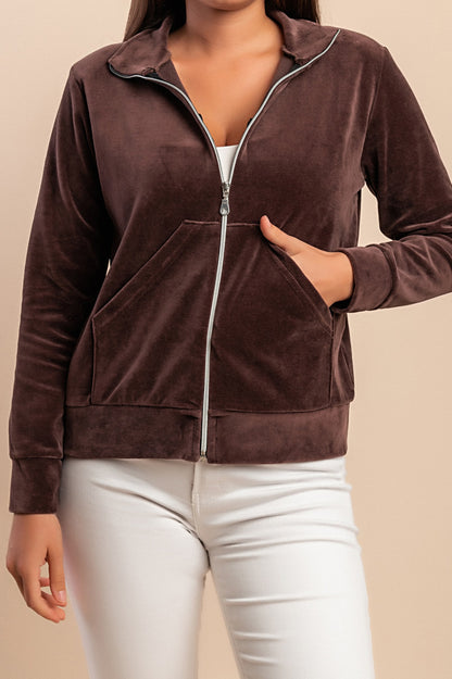 Felpa con zip in cotone e velluto sintetico, marrone