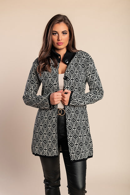 Cardigan lavorato a maglia fantasia, nero/bianco
