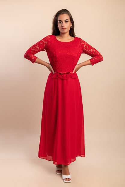 Elegante abito lungo con pizzo, rosso