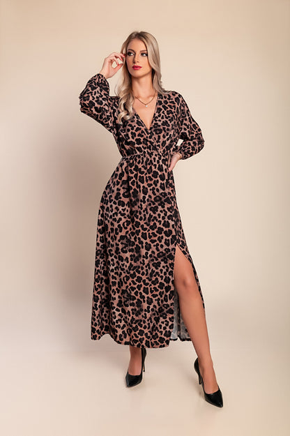 Abito lungo con stampa leopardata, beige