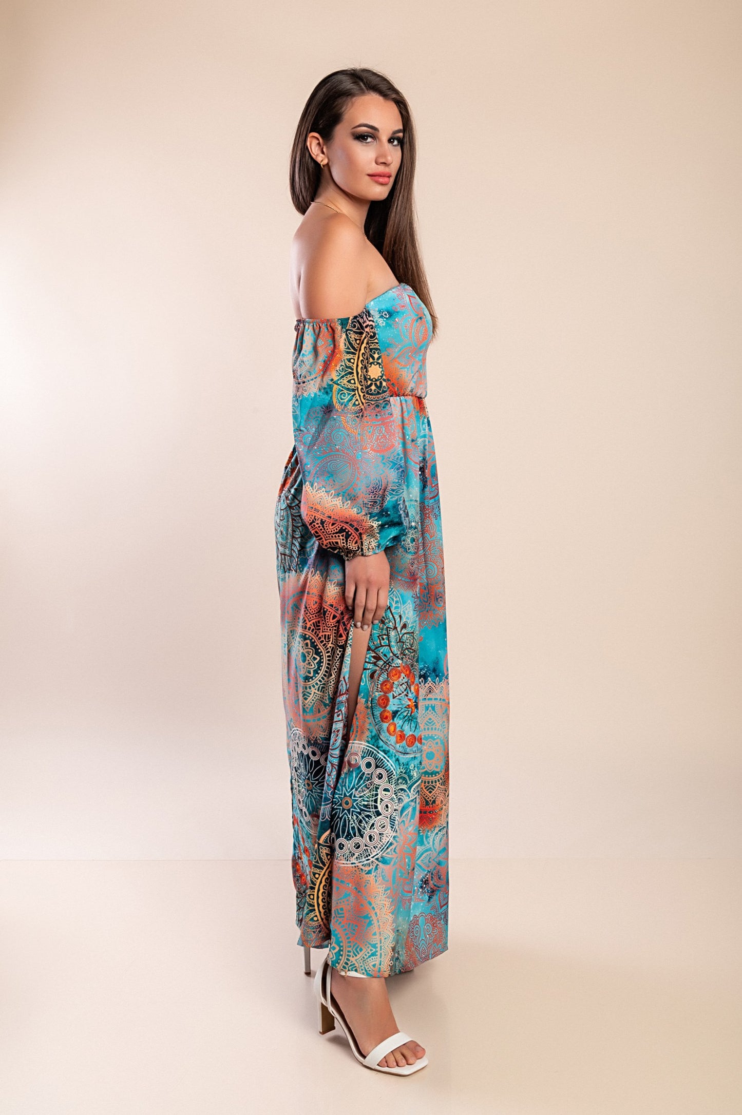 Abito lungo elegante con stampa Montella, celeste