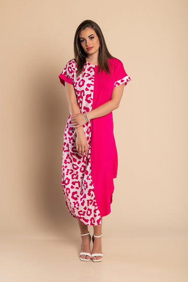 Maxi abito elegante con stampa leopardata, rosa