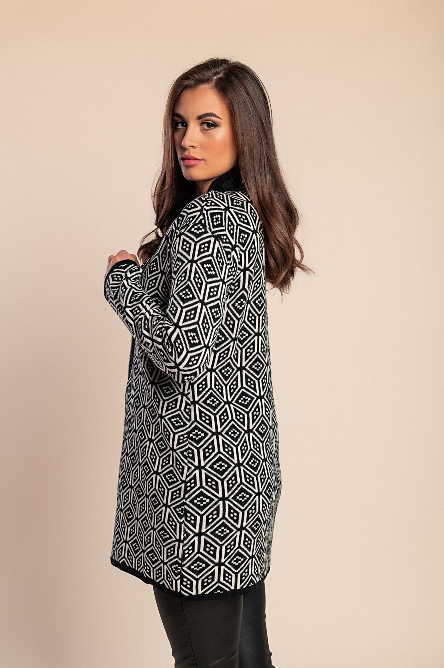 Cardigan lavorato a maglia fantasia, nero/bianco