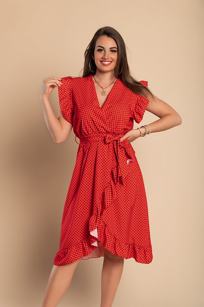 Abito midi con fantasia a pois, rosso