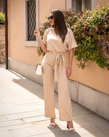 Tuta fashion con pantaloni lunghi ampi e maniche corte  Nelia, albicocca