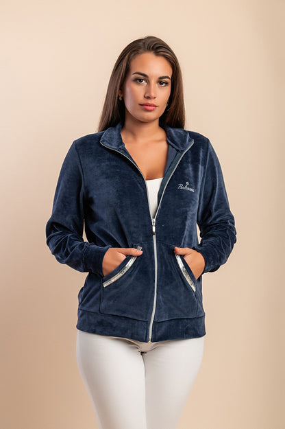 Felpa con zip in cotone e velluto sintetico, blu scuro