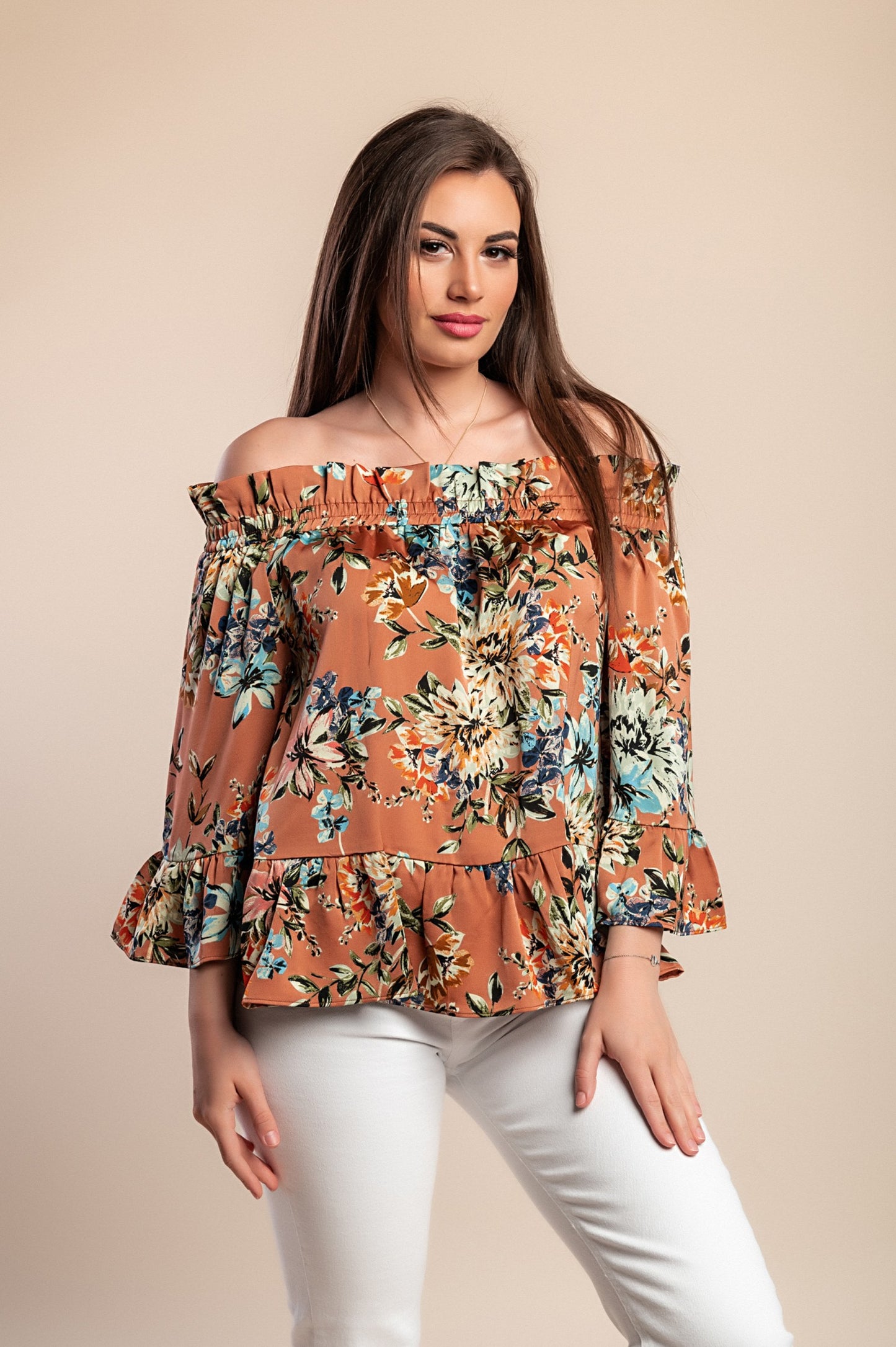 Camicetta con stampa floreale, marrone