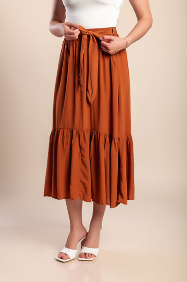 Gonna midi con cintura, marrone