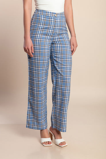 Pantaloni lunghi con stampa a quadri, azzurro