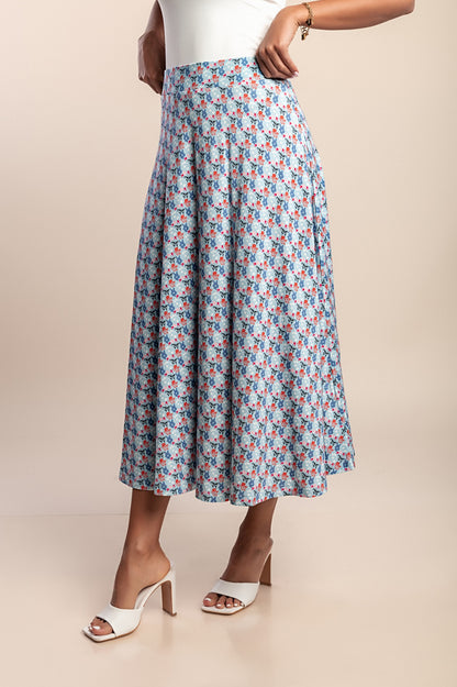 Gonna midi con stampa, azzurra