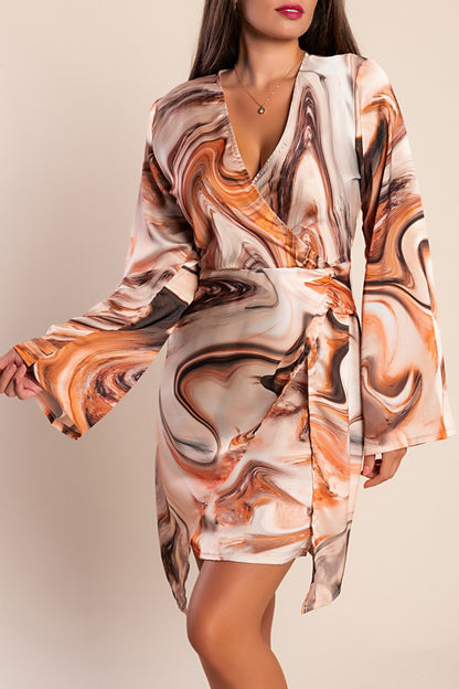 Mini abito elegante con maniche lunghe e stampa alla moda  Ninella, beige