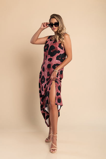 Abito lungo con stampa leopardata, blu