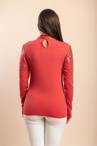 Top con collo alto e paillettes, rosa