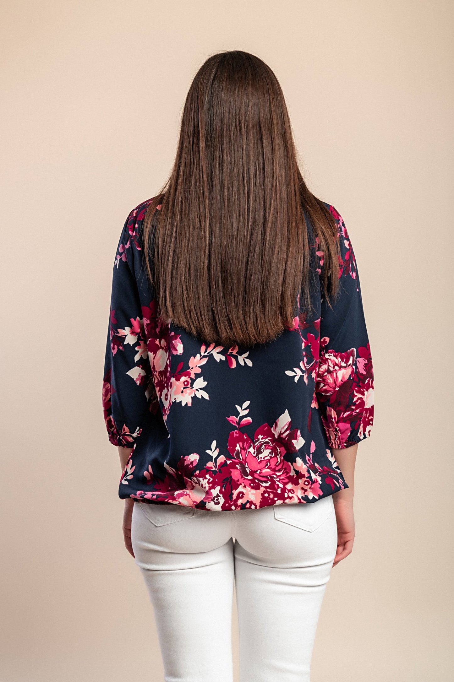 Camicetta taglie forti con stampa floreale, blu scuro