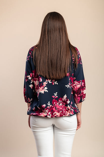 Camicetta taglie forti con stampa floreale, blu scuro