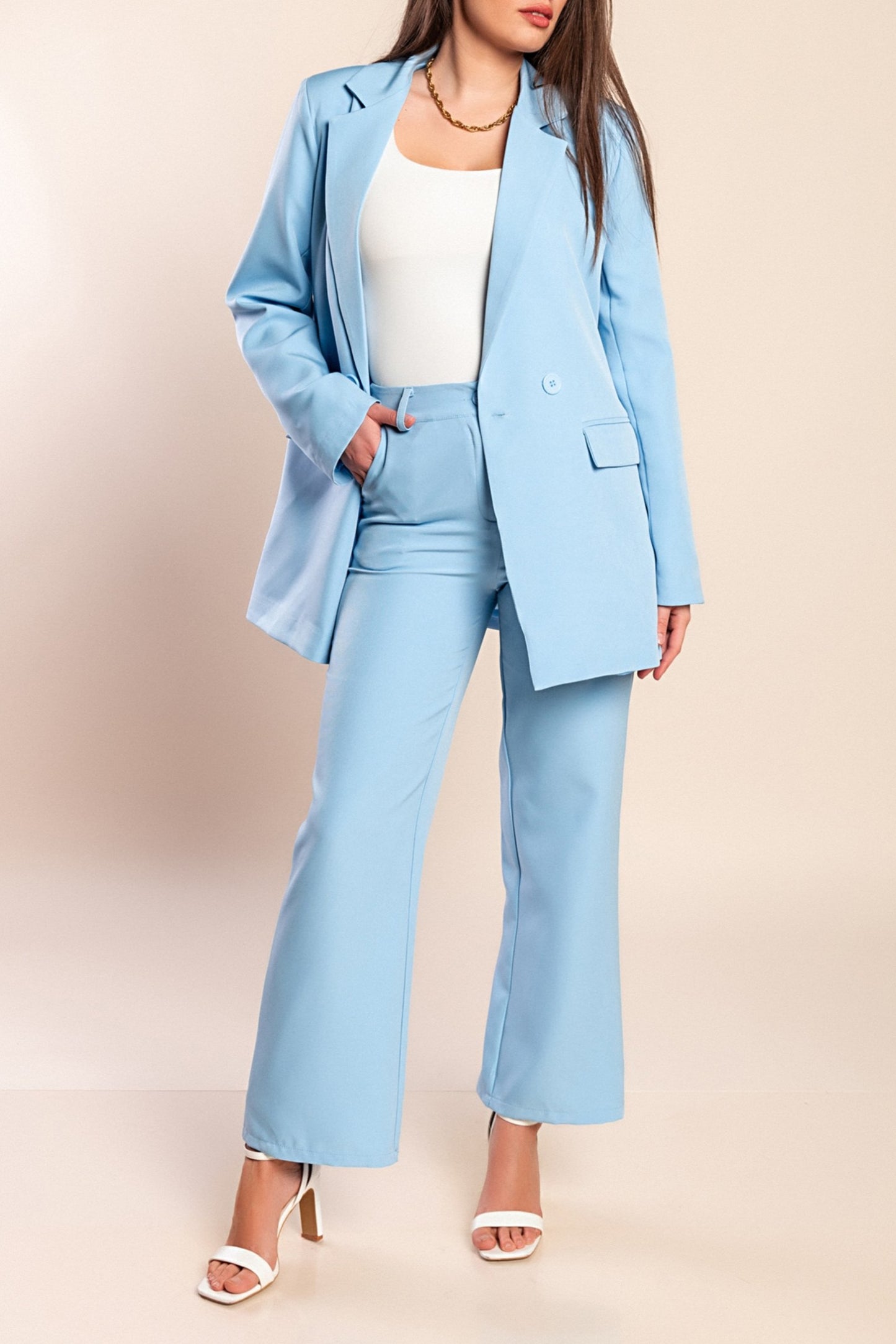 Completo elegante blazer e pantaloni, azzurro