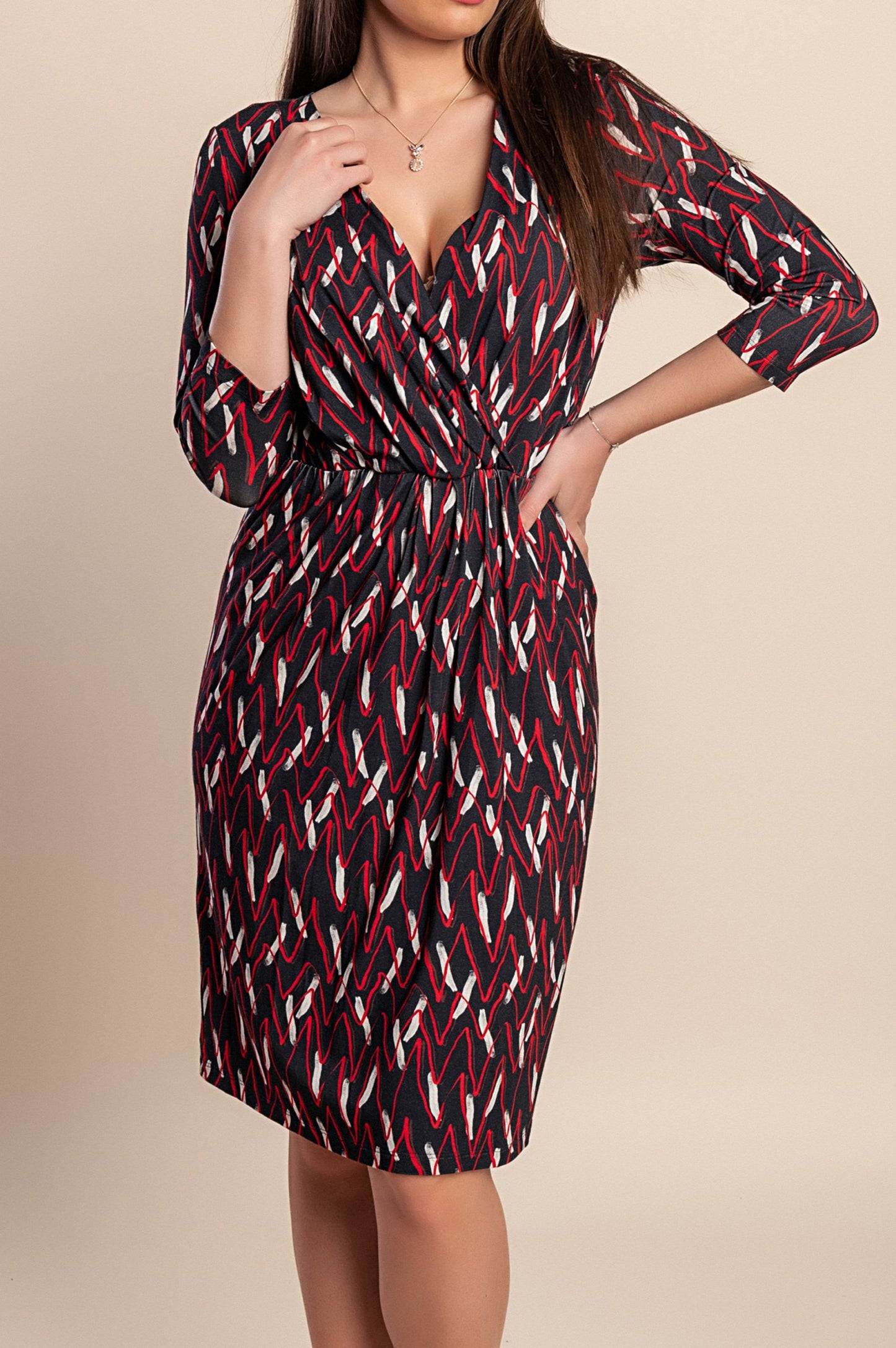 Abito midi con stampa, rosso