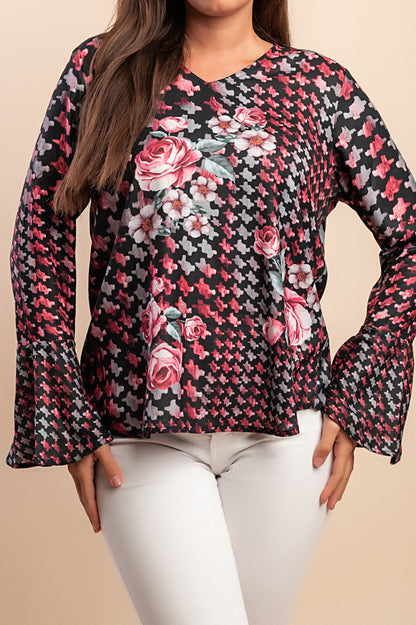 Blusa taglia forte con stampa, nera
