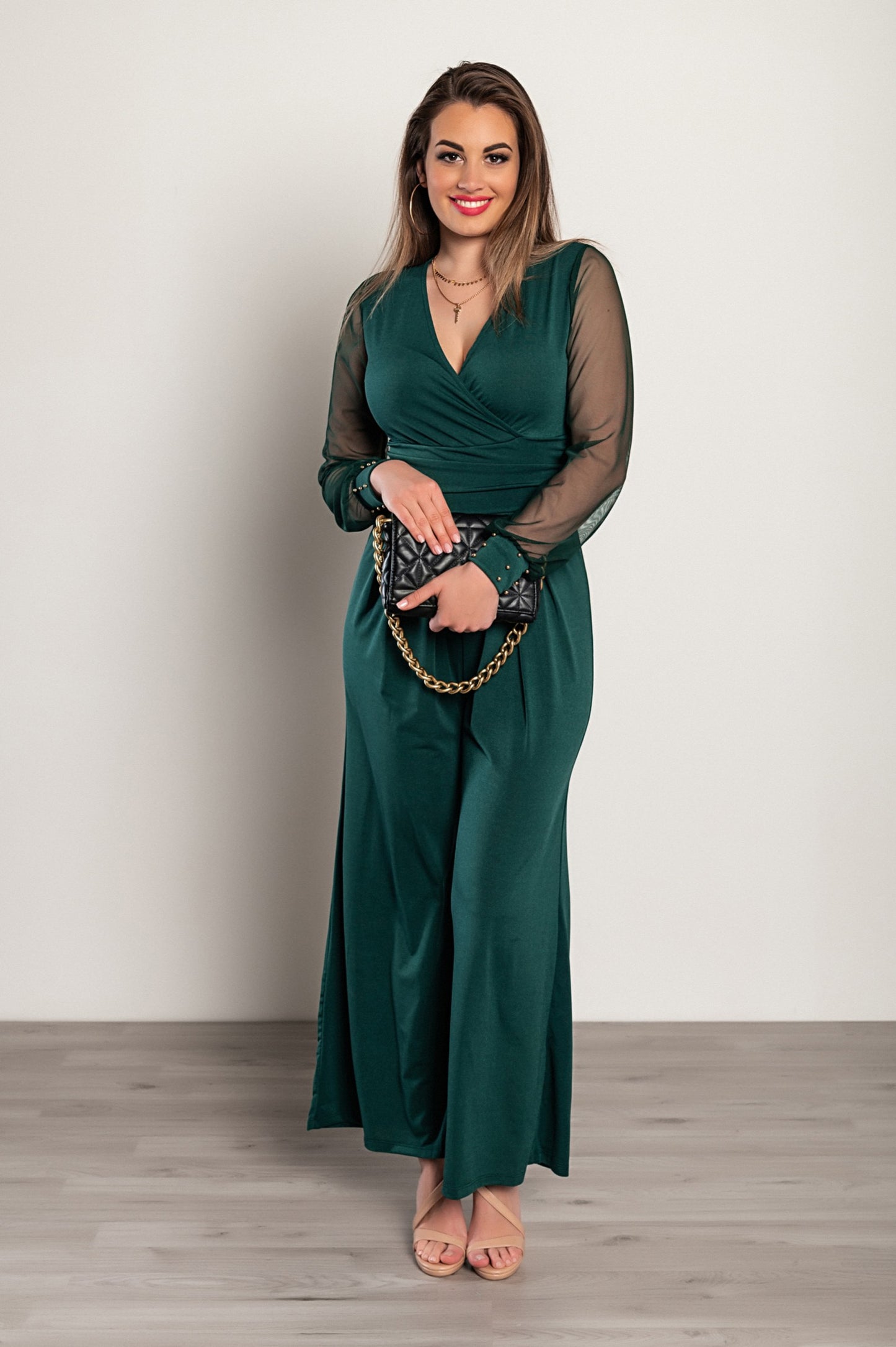JUMPSUIT ELEGANTE CON SCOLLO A "V" E MANICHE TRASPARENTI CON RIVETTI GEORGINA, NERO