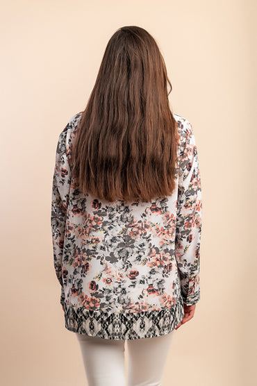 Elegante camicetta con stampa floreale, bianca