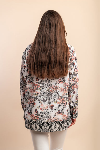 Elegante camicetta con stampa floreale, bianca