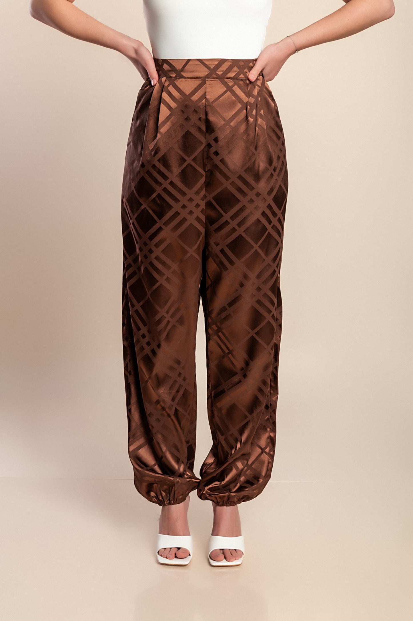 Pantaloni lunghi taglie forti in finto raso, marrone