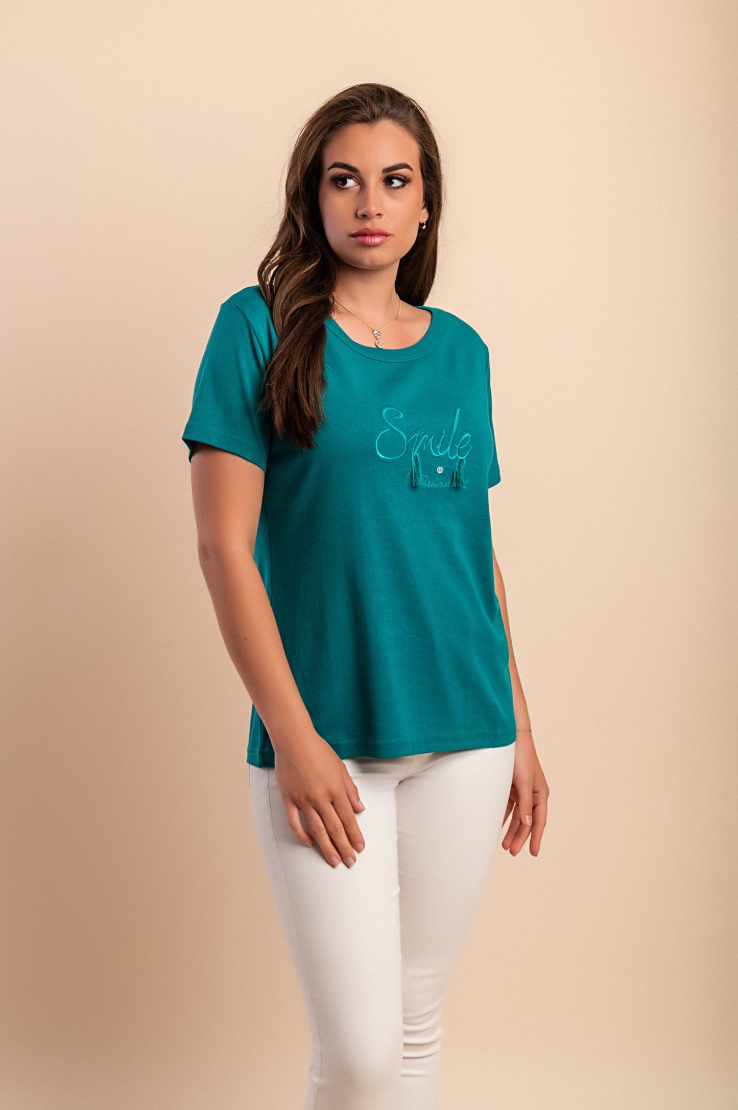T-shirt in cotone con scollo rotondo, turchese
