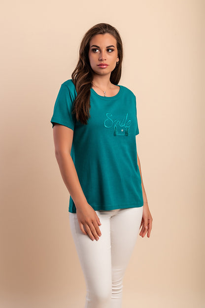 T-shirt in cotone con scollo rotondo, turchese