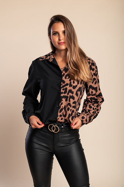 Camicia elegante con stampa leopardata, nero/leopardo