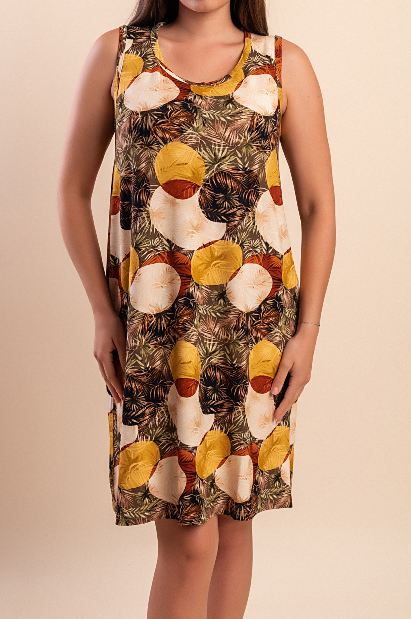 Abito midi con stampa, marrone