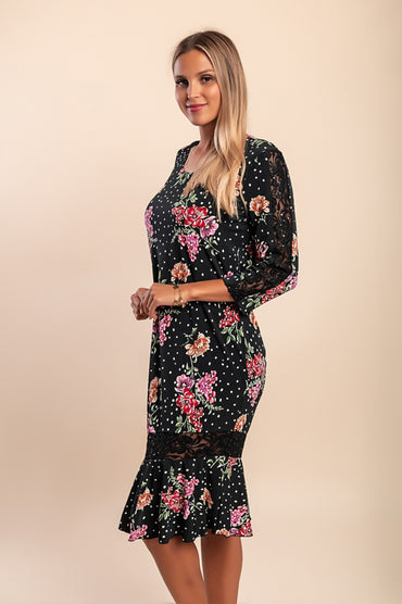 Abito midi con stampa floreale, nero