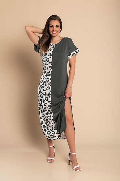 Elegante maxi abito con stampa leopardata, grigio