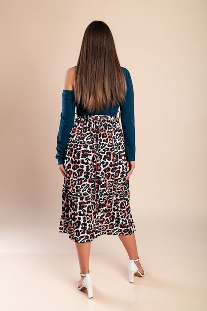 Abito midi con stampa leopardata, nero