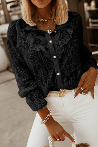 Camicia elegante con ricami e balze Laroya, nera