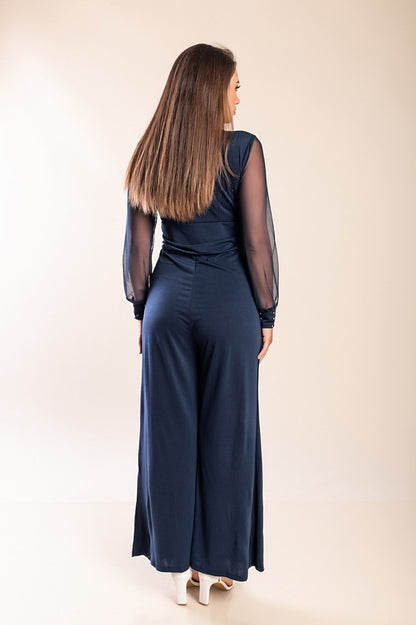 JUMPSUIT ELEGANTE CON SCOLLO A "V" E MANICHE TRASPARENTI CON RIVETTI GEORGINA, NERO