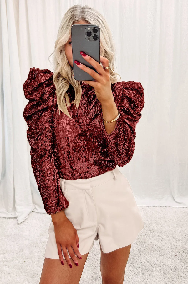Top elegante con paillettes, bordeaux