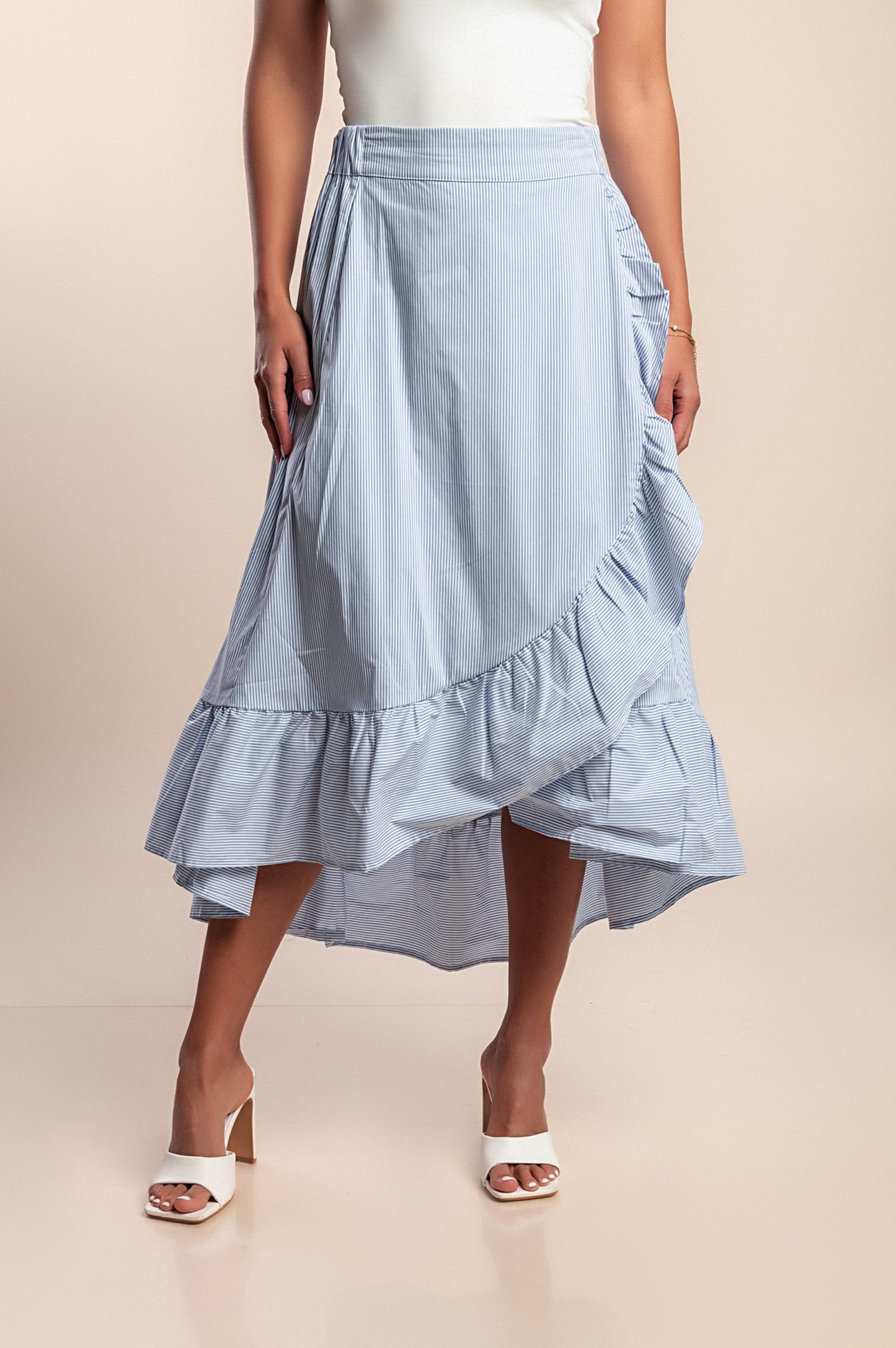 Gonna in cotone con volant, azzurra