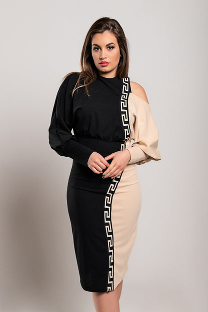 Elegante abito midi con stampa geometrica, nero e beige