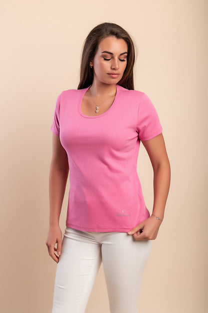 T-shirt in cotone con scollo rotondo, fucsia