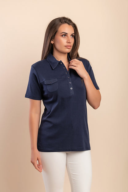 T-shirt in cotone con colletto e tasche, blu scuro