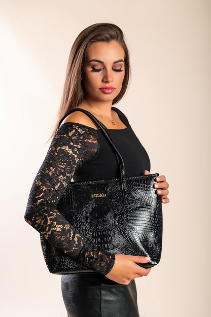 Borsa a mano grande fantasia coccodrillo, nera