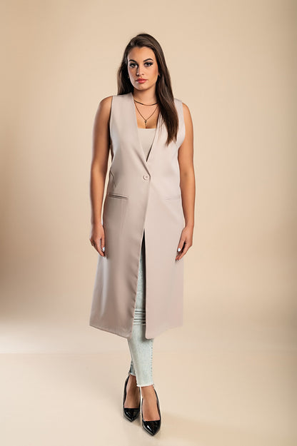Gilet lungo elegante con bottone, verde oliva