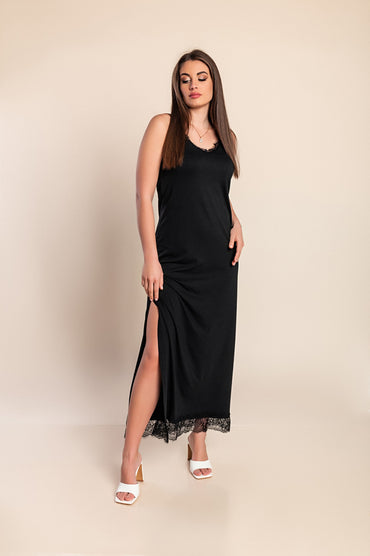 VESTITO MAXI CON PIZZO PRIMAROSA, NERO