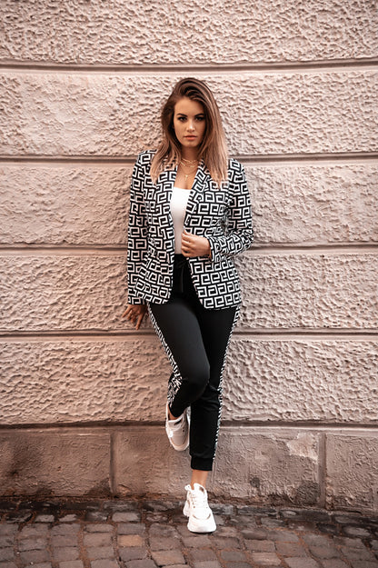 Completo pantalone con blazer elegante con stampa geometrica Nunzia, beige