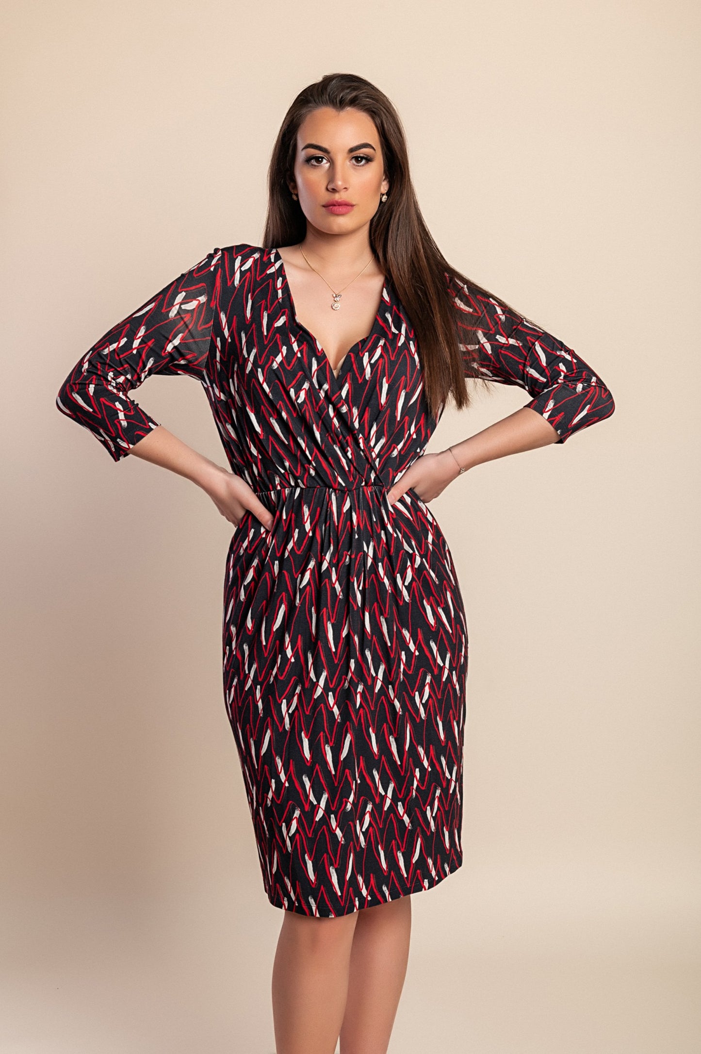 Abito midi con stampa, rosso