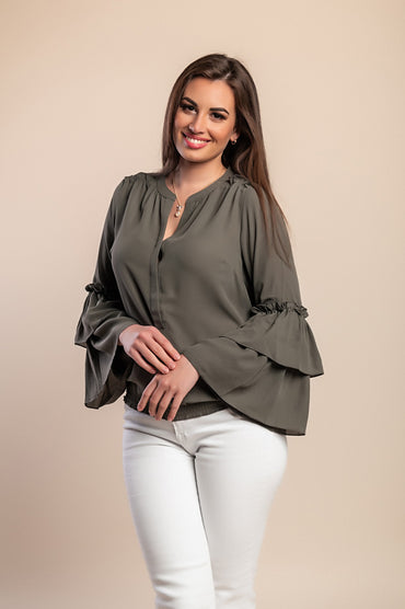 Camicetta taglie forti con volant, verde oliva