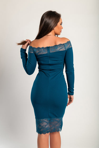 Abito elegante midi a maniche lunghe con dettaglio in pizzo trasparente Avignon, nero